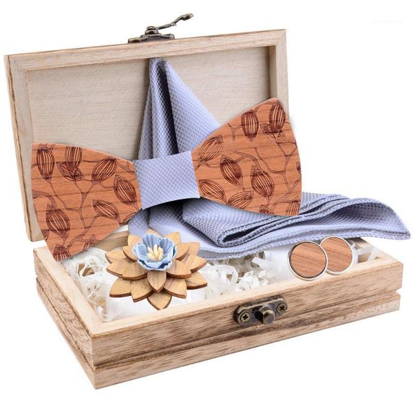 

1920s wood bowtie handkerchief brooch set men's wooden bowtie with cufflink floral design wood box fashion novelty men neck ties1, Blue;purple