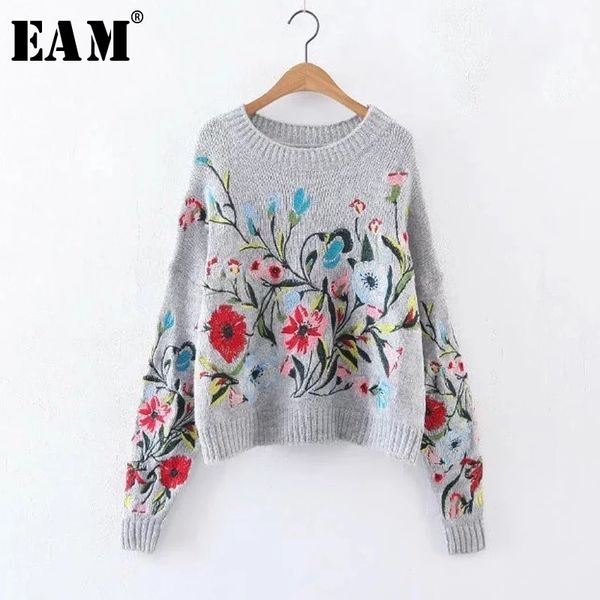 

eam] 2021 autumn winter round neck long sleeve flower embroidered gray knitting warm loose sweater women fashion tide y190830, White;black