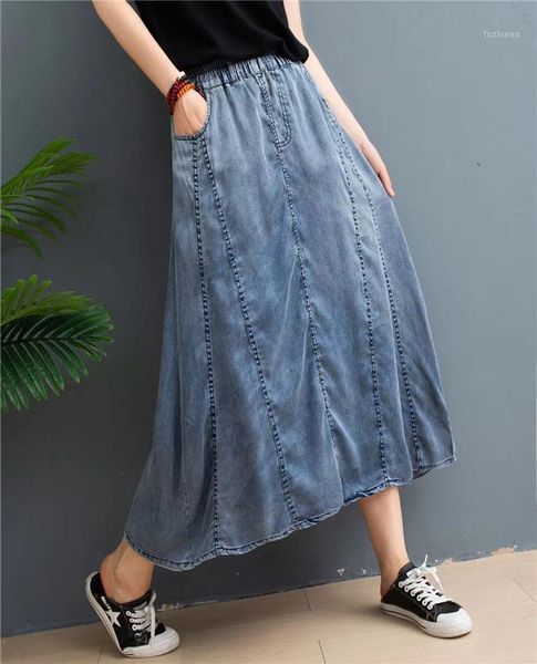 

vintage denim cotton skirt casual loose elastic waist skirt female long denim1, Black