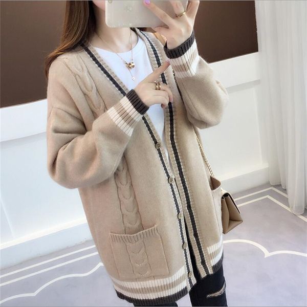 

knit cardigan new women's spring and autumn jacket chic loose striped pockets long sweater women's 201029, White;black