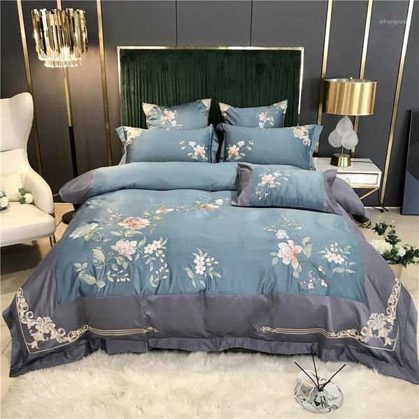 

luxury chic flowers embroidery 600tc satin like silk cotton bedding set patchwork duvet cover bed linen sheet pillowcases1