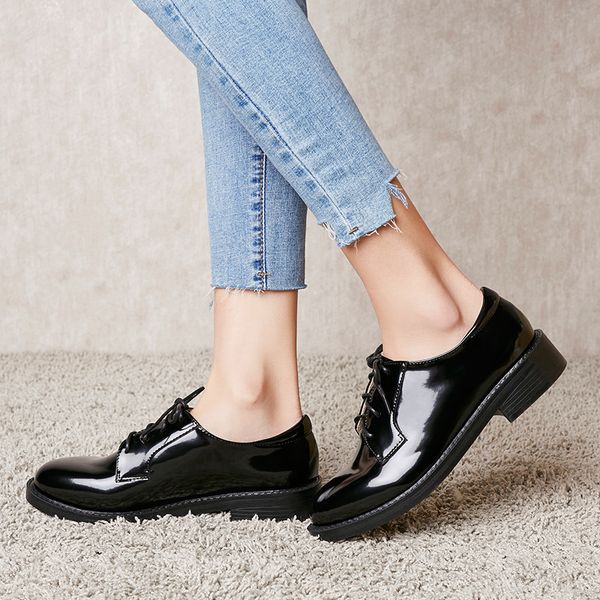 

low heel 4 cm single shoes japanese style student shoes women casual shoes patent leather high heelsmultifunction, Black