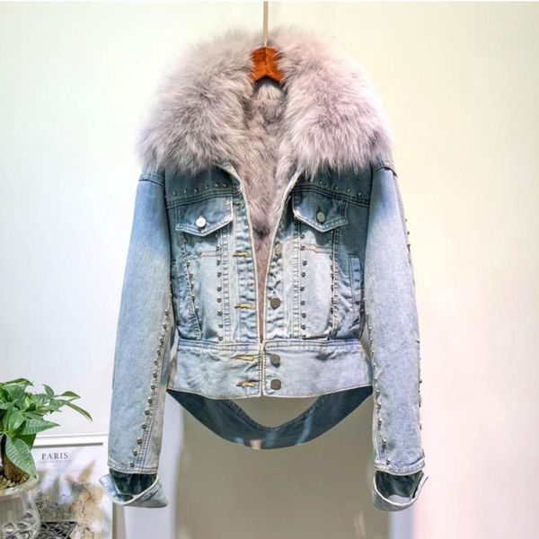 

real fur collar thicker warm denim coat female winter real fur liner detachable rivet beading coat f21751, Black