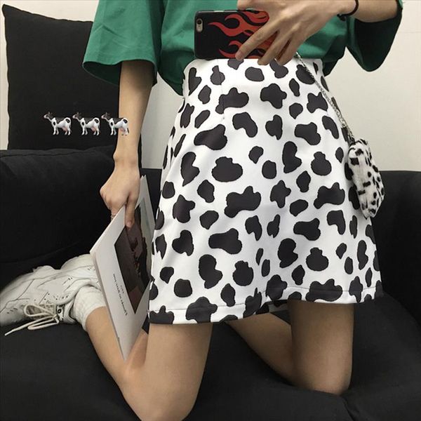 

cute cow pattern printing a line mini skirt women preppy style girl high waist casual short skirt, Black