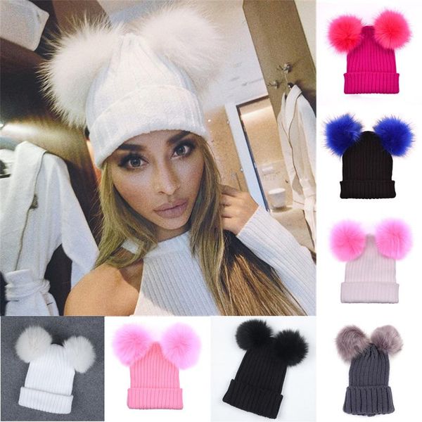 

beanie/skull caps fur ball cap 2 pom poms winter hat for women girl 's wool knitted cotton beanies brand thick female, Blue;gray