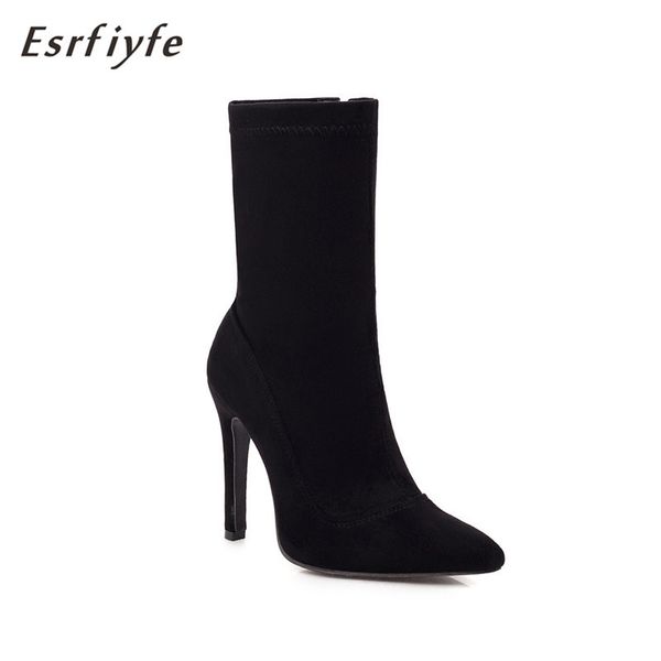 

esrfiyfe 2020 new sock boots pointed toe elastic slip on high heel short boots stiletto botas zapatos de mujer sock shoes, Black