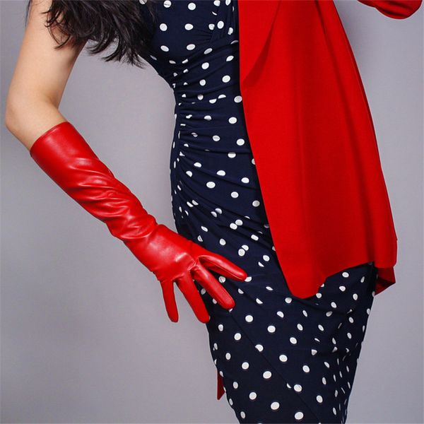 

extra long leather gloves female 70cm over elbow emulation leather faux sheepskin pu unlined woman gloves fashion red wpu54 201104, Blue;gray