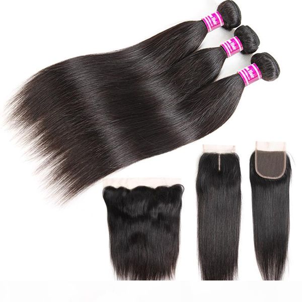 

straight 8a brazilian human hair bundles with frontal 100% unprocessed virgin hair wefts 3 weave bundles with closure remy extensions, Black