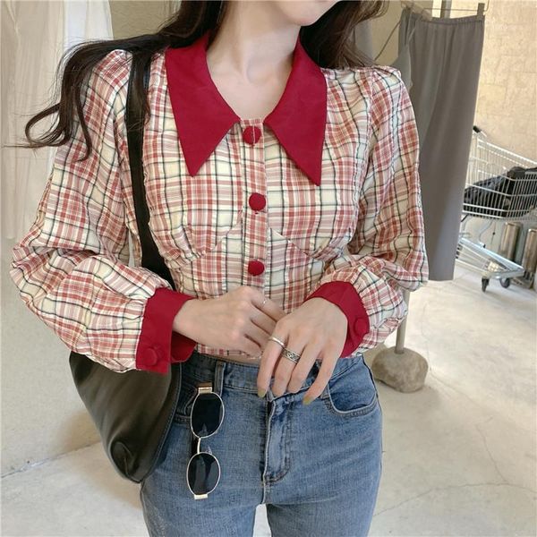 

vintage women blouse fashion 2021 retro cropped plaid shirts korean buttons up slim female fall new corset blusas blanca1, White