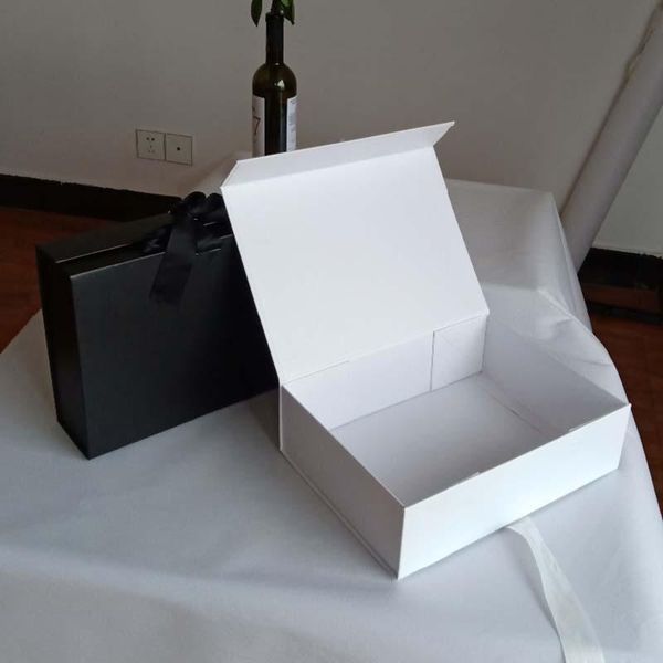 

wholesale folding rigid boxes size 31x23x9cm with ribbon and magnetic closure plain white black color box