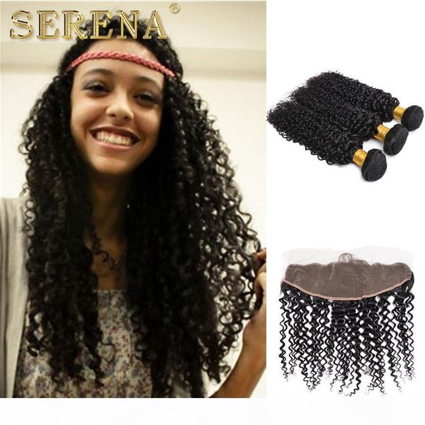 

brazilian kinky curly virgin hair with lace frontal 3 bundles malaysian deep curly weave with frontal closure unprocessed curly human hair, Black;brown