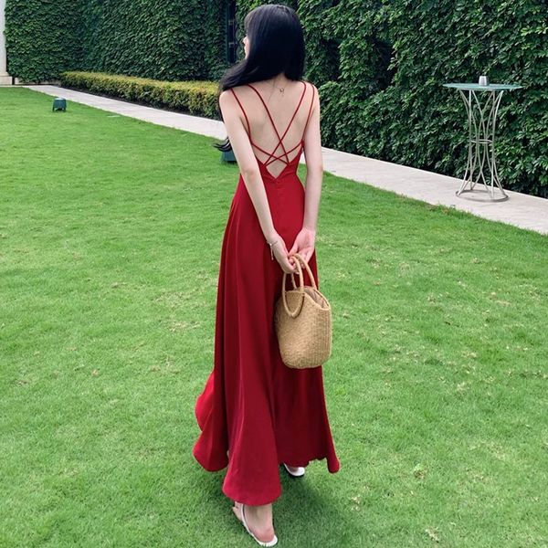 

new french satin open back cross suspender dress in summer 2020