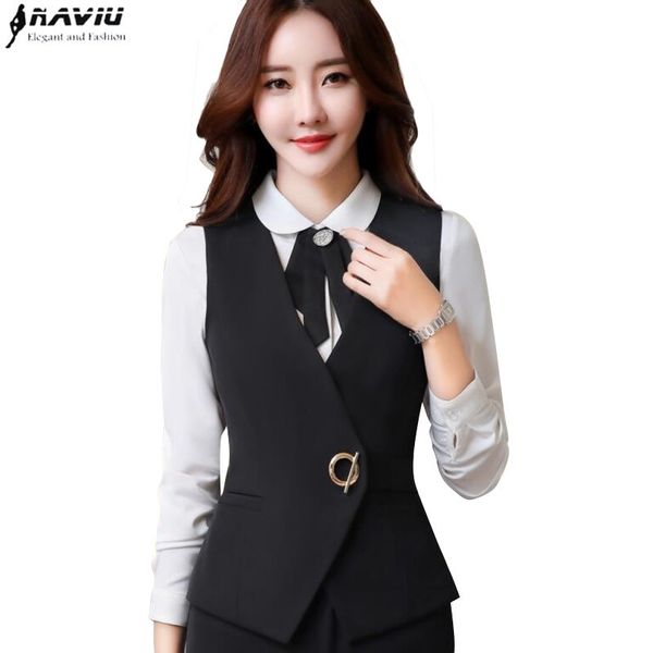 

temperament women business vest work wear uniforms slim v neck metal buttons formal office ladies interview plus size coat 201102, Black;white