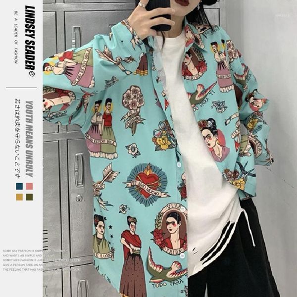 

lindsey seader 2020 hip hop shirt retro vintage cartoo streetwear men hawaiian shirts print harajuku fashion beach shirt 1, White;black