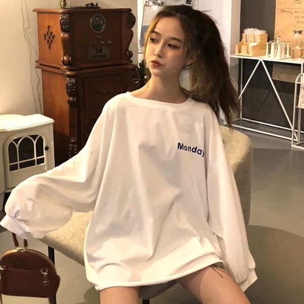 Camiseta Mulheres Outono Roupa Estilo Coreano Ulzzang Harajuku Letras impressas Manga Longa T-shirt Branco T-shirt Feminino Tshirt Top T200319