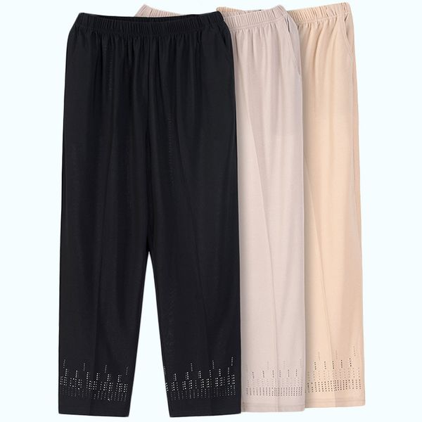 

2021 new summer thin cropped pants women's new high waist elastic plus size 5xl middle-aged and elderly female 9f7r, Black;white