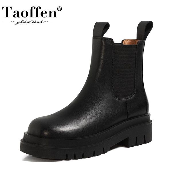 

taoffen women short boots fashion platform real leather warm winter shoes woman thick heel boot casual lady footwear size 35-39, Black