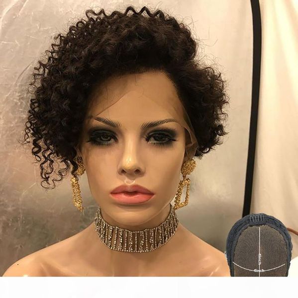 

pixie cut wig short curly bob 4x4 lace closure human hair wig pre plucked bleached knots remy glueless 150 180density atina, Black;brown