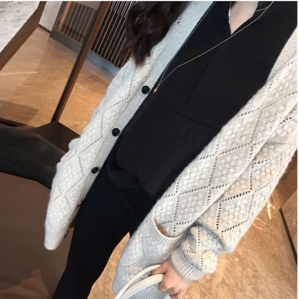 

autumn and winter knitted jacket wooljacket woolwomen's cardigan medium long sweater thickened hollow wool sweater loose and lazy duxdt, White;black