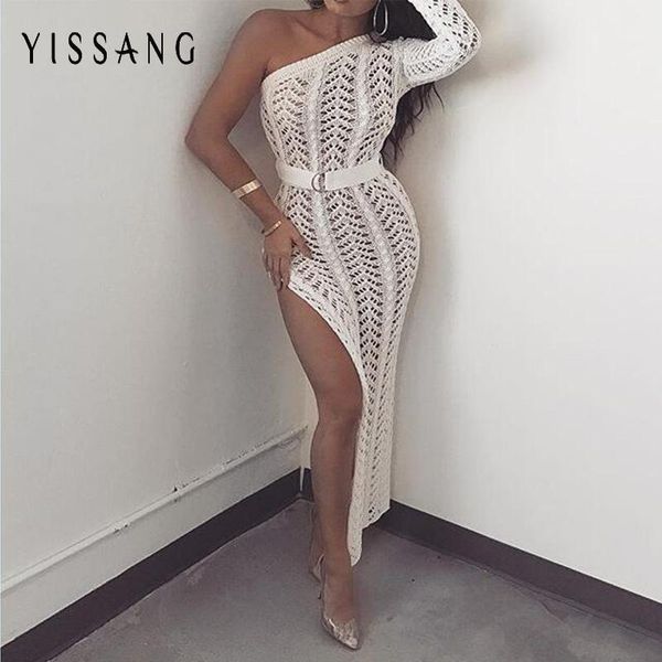 

yissang hollow out knitted sweater dress women off one shoulder sashes long split party maxi dresses female elegant summer1, Black;gray