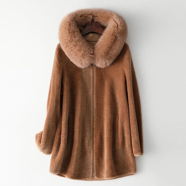 

elegant collar hood sheep sheared mid length women coat real fur wool grain outwear autumn and winter warm red jacket, Black
