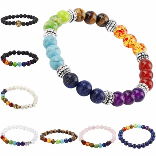 

charm bracelets sunyik 7 chakra healing genuine semi precious gem stone beads 8mm buddha stretch bracelet, Golden;silver