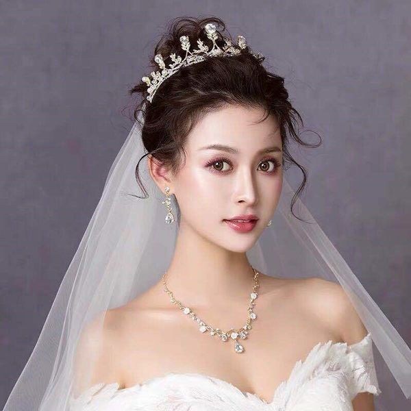 

three piece bridal crown headdress set 2019 new korean necklace white dress wedding hair accessories, Silver