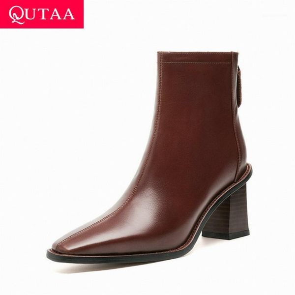 

boots qutaa 2021 women square toe genuine leather ankle autumn winter high heel zipper ladies short size34-391, Black