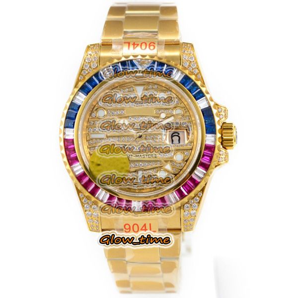 

n9f version gmt ll color diamond bezel dual time zone display dial eta 2836 automatic 116769tbr mens-watch 18k gold diamond case watches, Slivery;brown