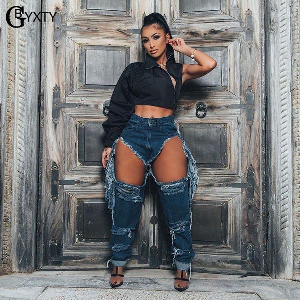 

gbyxty ripped holes fringe jeans womens streetwear high waist washed distressed straight tassel denim pants trousers zl8221, Blue