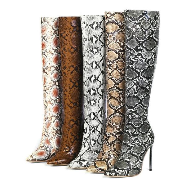 

boots black white brown brand designer faux leather women knee high pointed toe snake print super heel