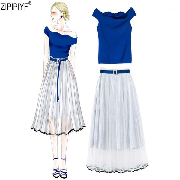 

2018 new fashion summer women's off shoulder short sleeved shirt +knee-length skirt two piece skirt suit c14471, White