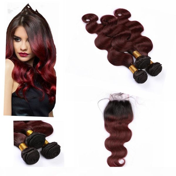 

ombre weave indian hair human bundles with closure 4" * 4" dark root ombre bundle with closure #1b 99j body wave, Black;brown