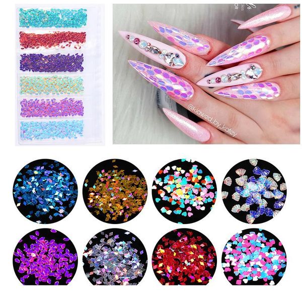

6 grid/bag mixed sequins colorful love/ shell / oval patterns nail art powder flakes sticker dust for nails diy dec jlllwr, Silver;gold