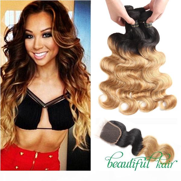 

malaysian indian peruvian brazilian virgin body wave straight blonde lace closure with 3 4 bundles with closure ombre human hair extensions, Black