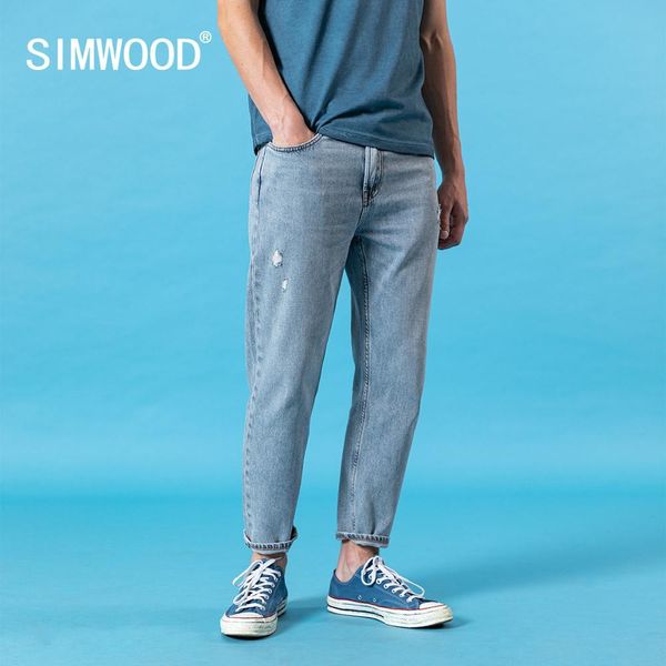 

simwood 2020 summer new ankle-length jeans men comfortable tapered hole fashion ripped denim trousers plus size clothes sj130406 q0105, Black;white