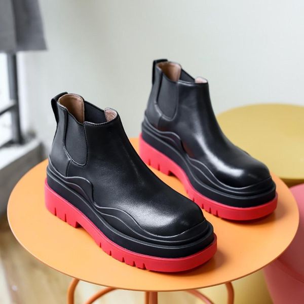 

leather short boot stretch cloth overshoes round toe gear skid boots rubber soft sole flat shoes casual all-match women shoes, Black