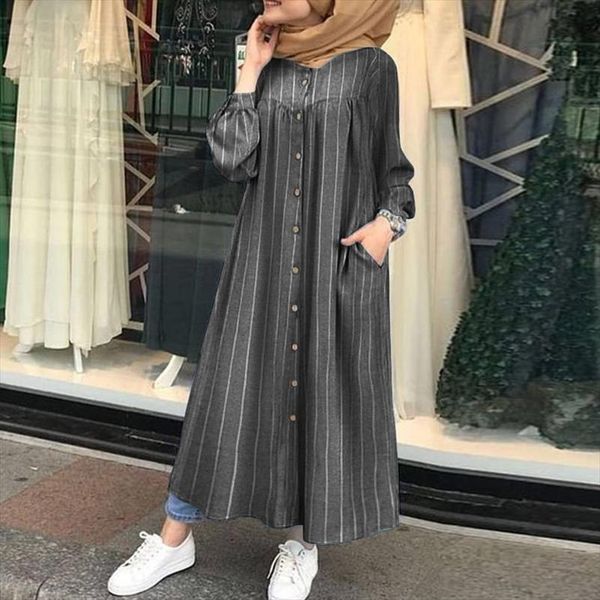 

muslim robe womens floral sundress 2021 zanzea islam clothing kaftan printed shirt dress female button maxi vestidos plus size, Black;gray