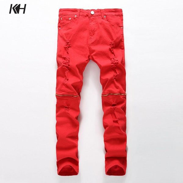 

kh new fashion ripped hole red white black men's jeans knee hole zipper biker denim pants men slim fit straight skinny trousers1, Blue