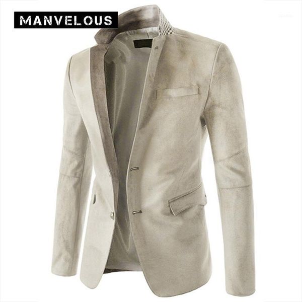 

men's suits & blazers manvelous suede blazer mens fashion casual slim thin plain cotton blends notched lapel patchwork long sleeve suit, White;black