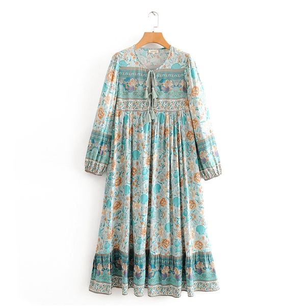 

hippie chic beach floral printed maxi dress v neck long sleeve vintage vestidos spring loose casual boho women dresses y200805, Black;pink