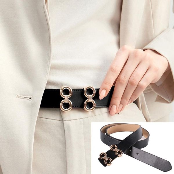 

double ring gold buckle women belt fashion black leather belt waistband for jeans dress pant, Black;brown