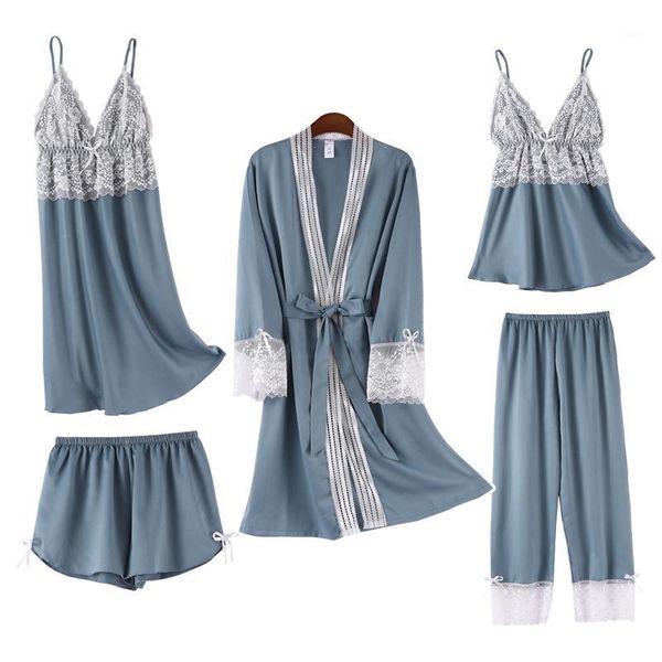 

women robe set satin silky 5pcs sleepwear spring autumn new bathrobe lace patchwork kimono gown nightwear intimate lingerie1, Black;red