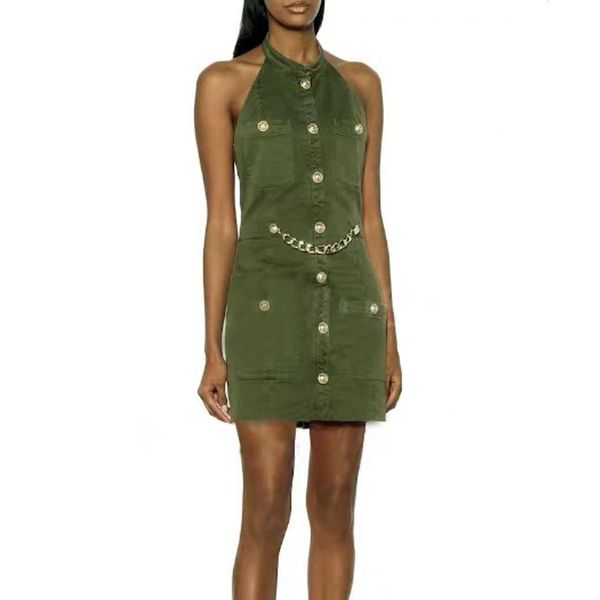 

summer halter dress green 2020 new classic gold button buckle chain decoration open back cotton mini slim casual women dresses, White;black