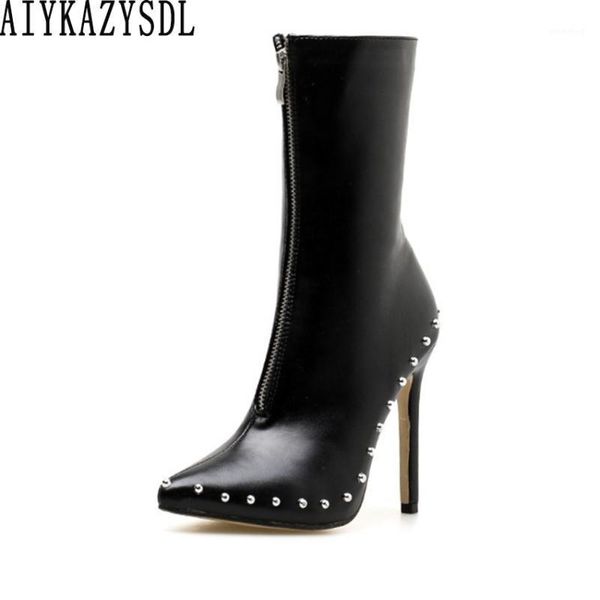 

boots aiykazysdl women punk rock ankle motorcycle bootie rivets string bead autumn shoes woman high heel stilettos plus size 421, Black