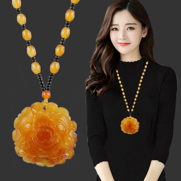 

old honey wax rose sweater chain long necklace female chicken oil yellow amber national style clothing pendant accessories, Silver