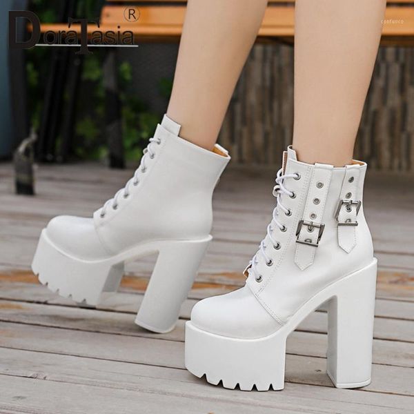 

doratasia new cool street punk platform boots metal decorating boots women high block heels motorcycle shoes woman1, Black