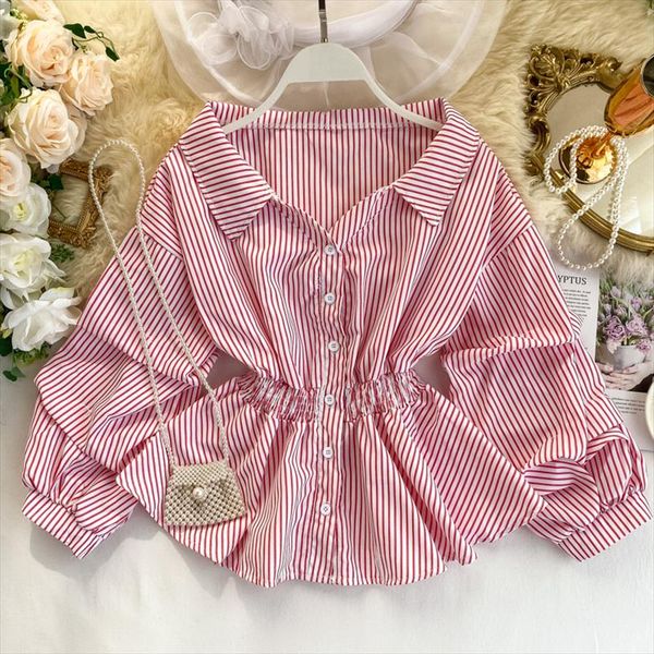 

chic vintage shirt womens v neck long sleeve striped short casual blouses korean fashion clothing feminine, White