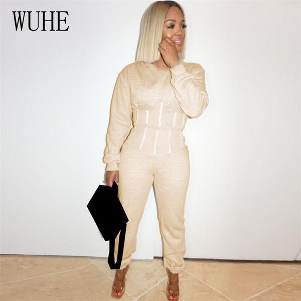 

wuhe tracksuits women warm plush two piece set sparkly rhinestones patchwork o neck long sleeve hooded jogger sweatpant, Gray