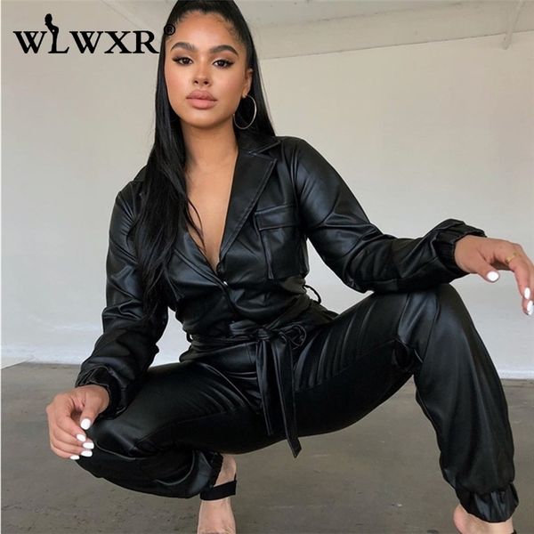 

wlwxr autumn winter faux pu leather bodycon jumpsuit women overalls long sleeve black skinny rompers long jumpsuit female y200422, Black;white